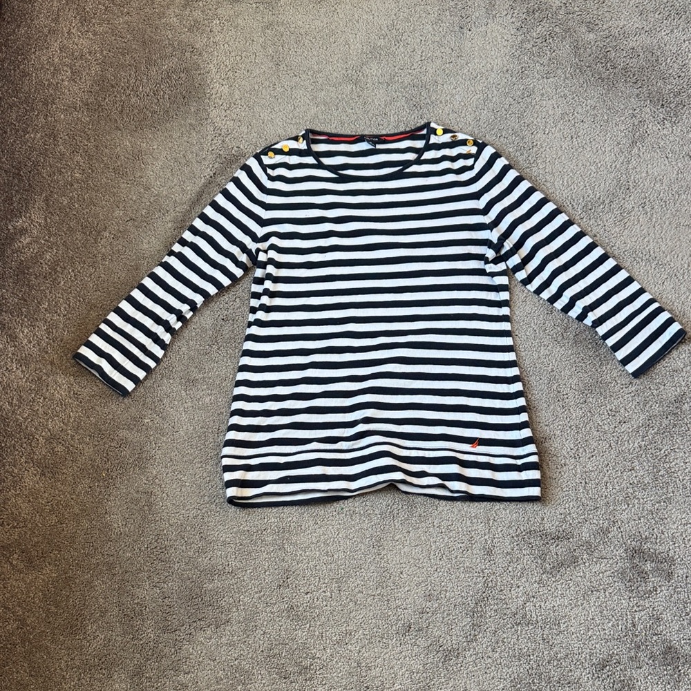 Nautica Black White Striped 3/4 Sleeve Cotton Knit Boat Neck Top SIZE M